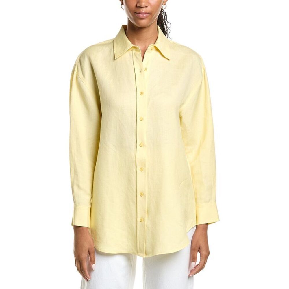 Kenneth Cole Womens Drop Shoulder Linen-Blend Boyfriend Shirt, Yellow